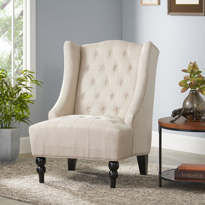 Contemporary Hi Back Club Chair With Wingback Design - Light Beige