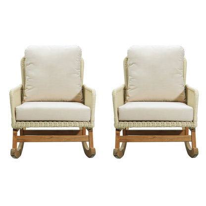 Contemporary Minimalist Wicker Rocking Chair Set With Soft Polyester Cushions And Durable Wooden Frame For Indoor And Outdoor Spaces - Ivory