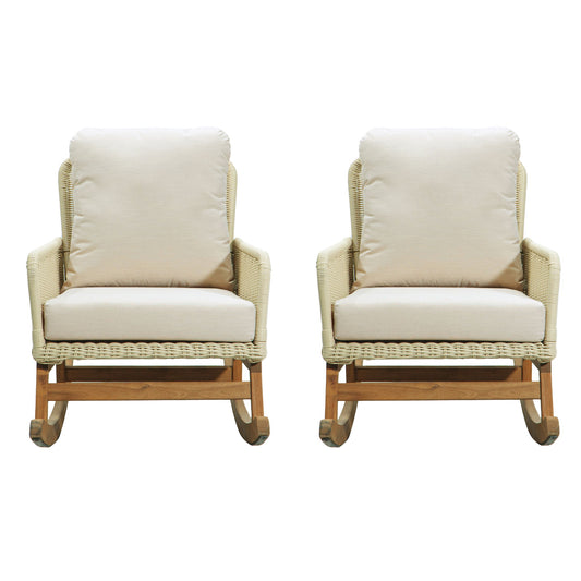 Contemporary Minimalist Wicker Rocking Chair Set With Soft Polyester Cushions And Durable Wooden Frame For Indoor And Outdoor Spaces - Ivory