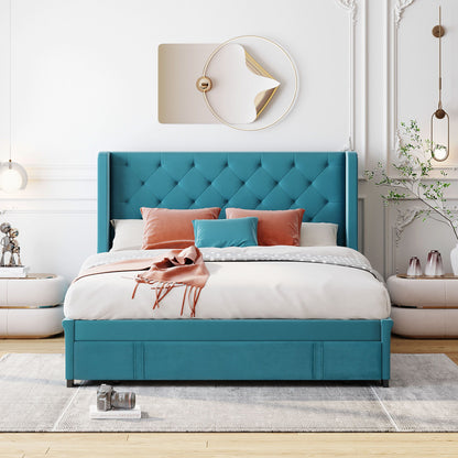 Storage Bed Velvet Upholstered Platform Bed With Wingback Headboard And A Big Drawer