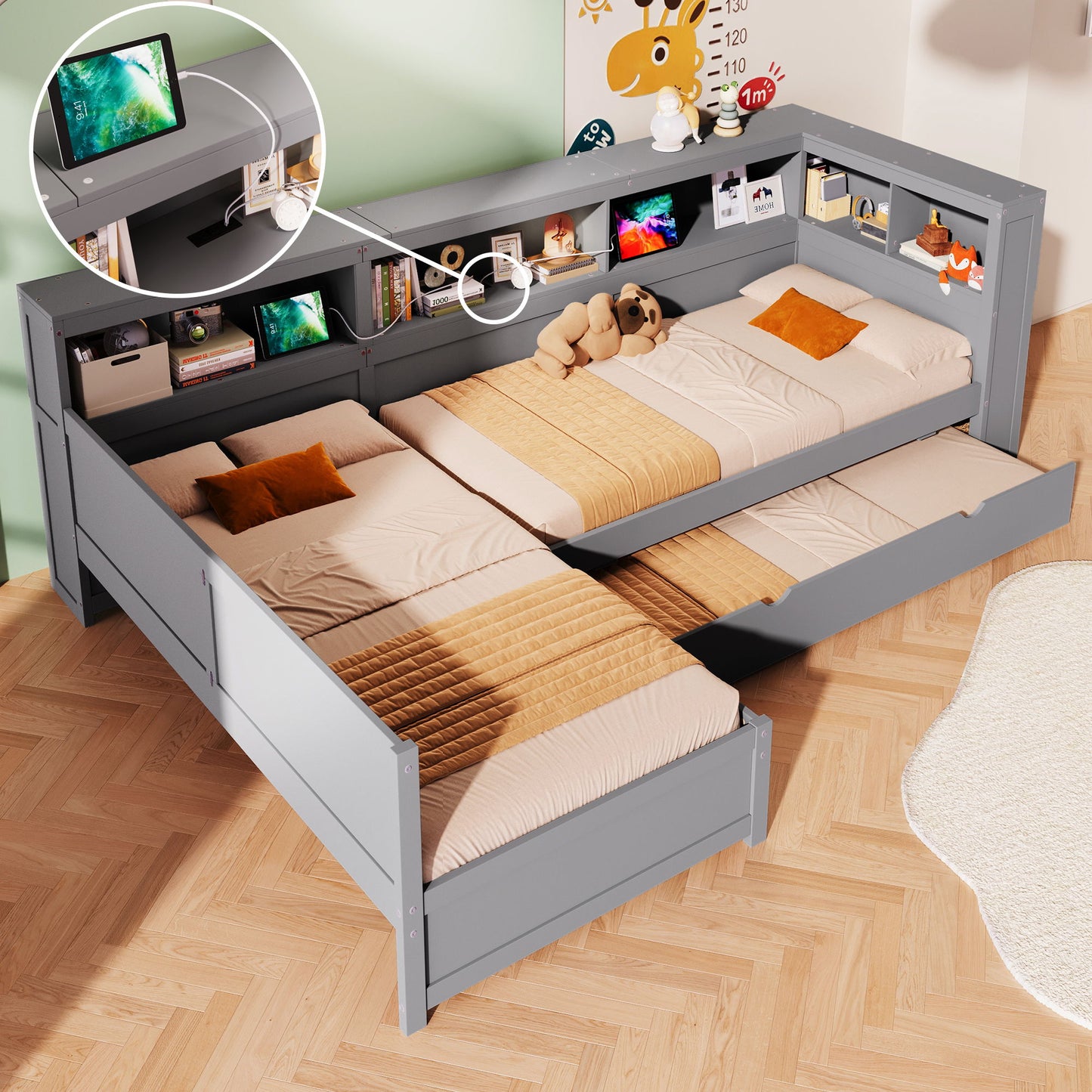 L Shaped Platform Bed With Trundle And Drawer