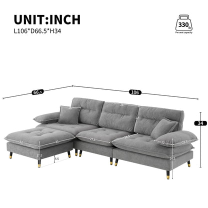 L Shaped Convertible Sectional Sofa 4 Seat Tufted Couch Set With Two Tone Adjust Legs Cloud Movable Ottoman