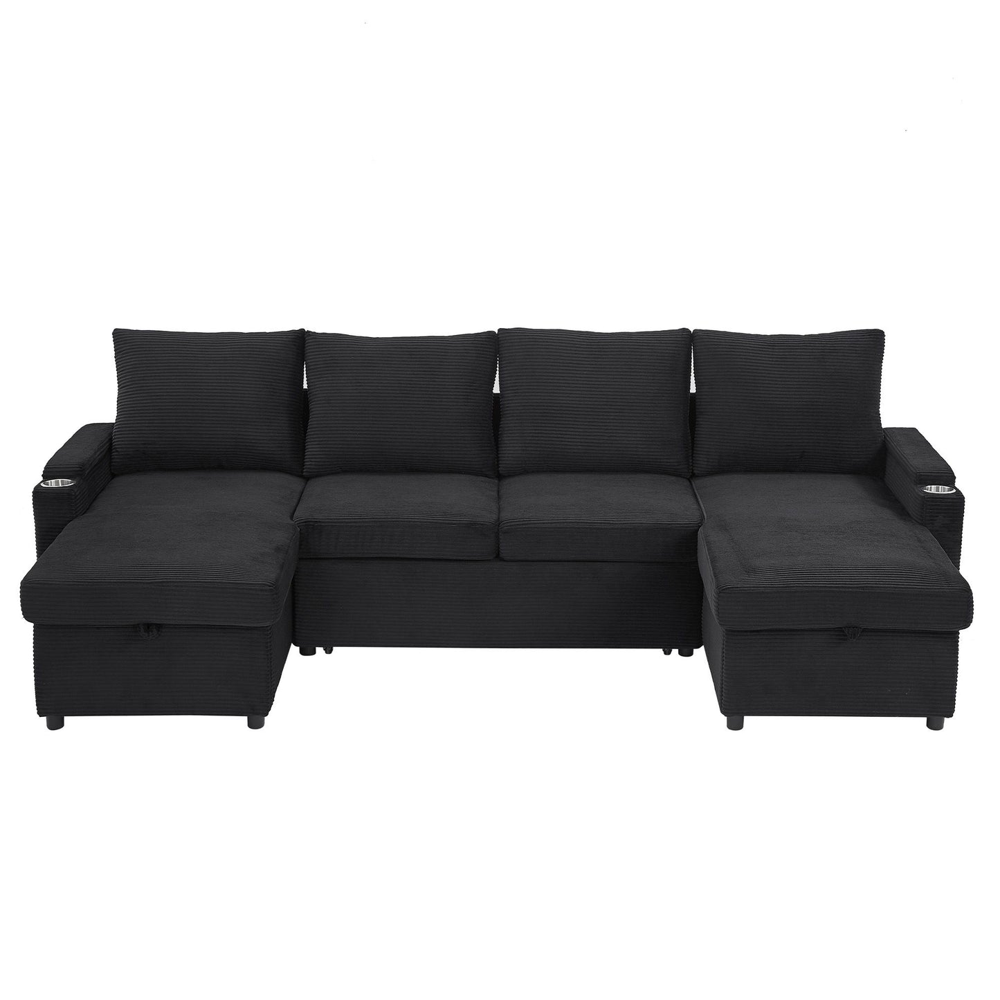 U Shaped Sectional Sofa Bed With Storage Chaise Lounges, USB Ports, And Cup Holders