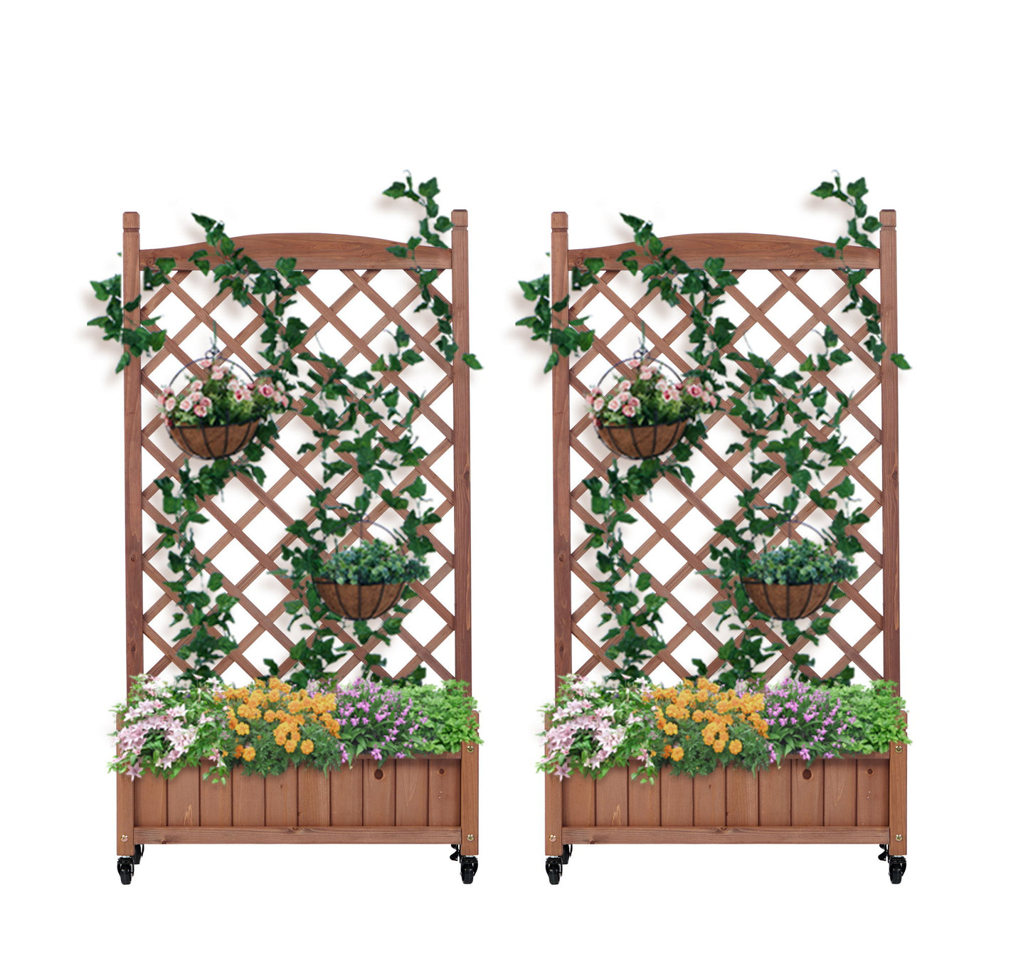 Raised Garden Bed With Trellis 2 Pack, Outdoor Planter Box & Plant Stand With Climbing Racks - Brown