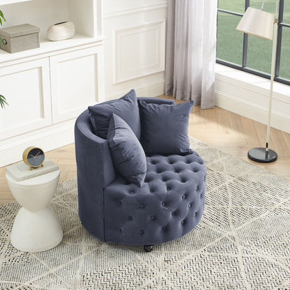 Modern Upholstered Swivel Chair With Button Tufted Design And Movable Wheels
