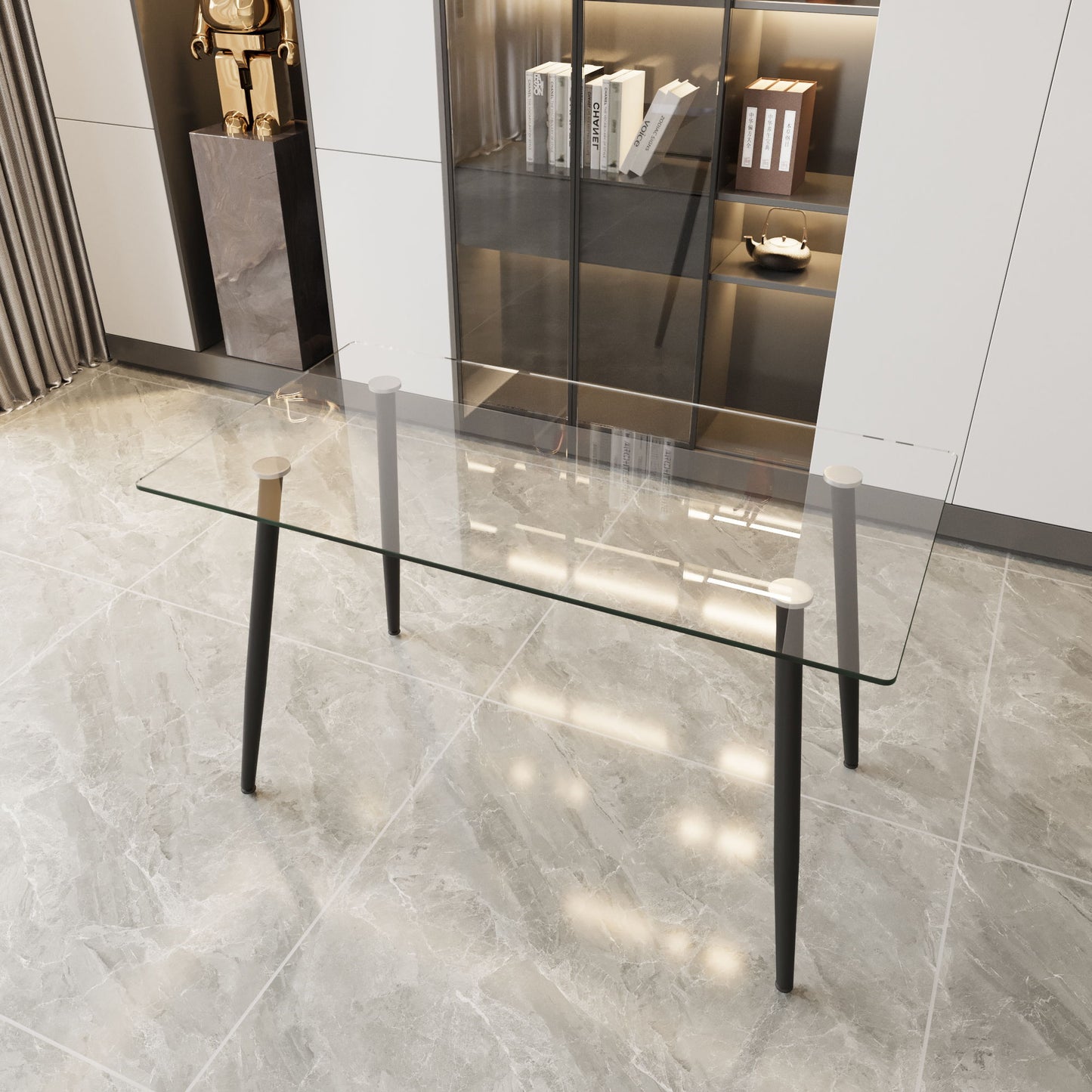 Modern Minimalist Rectangular Glass Dining Table With Tempered Glass Top Metal Legs, For 4 - 6 - Transparent