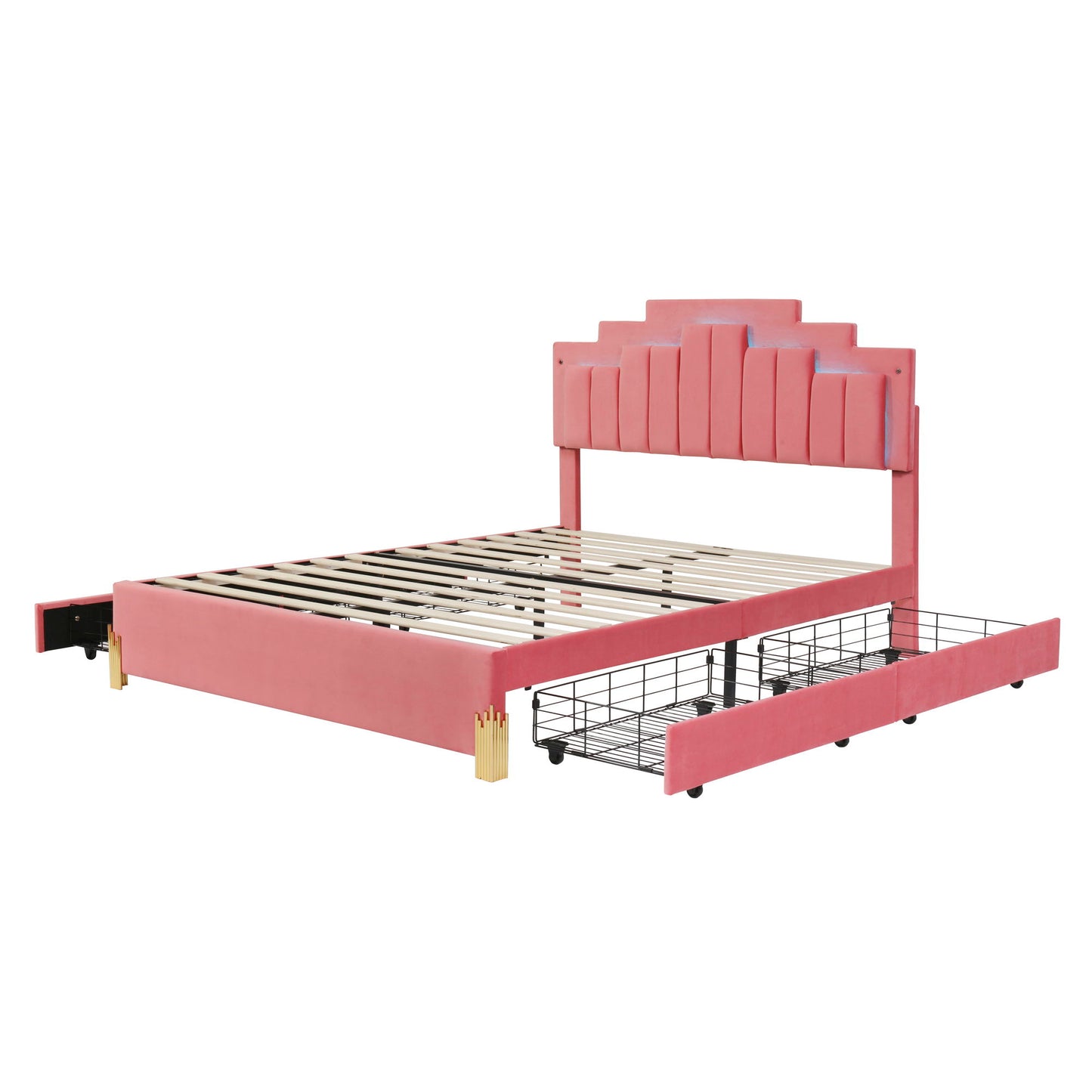 Queen Size Upholstered Platform Bed With LED Lights And 4 Drawers, Stylish Irregular Metal Bed Legs Design - Pink