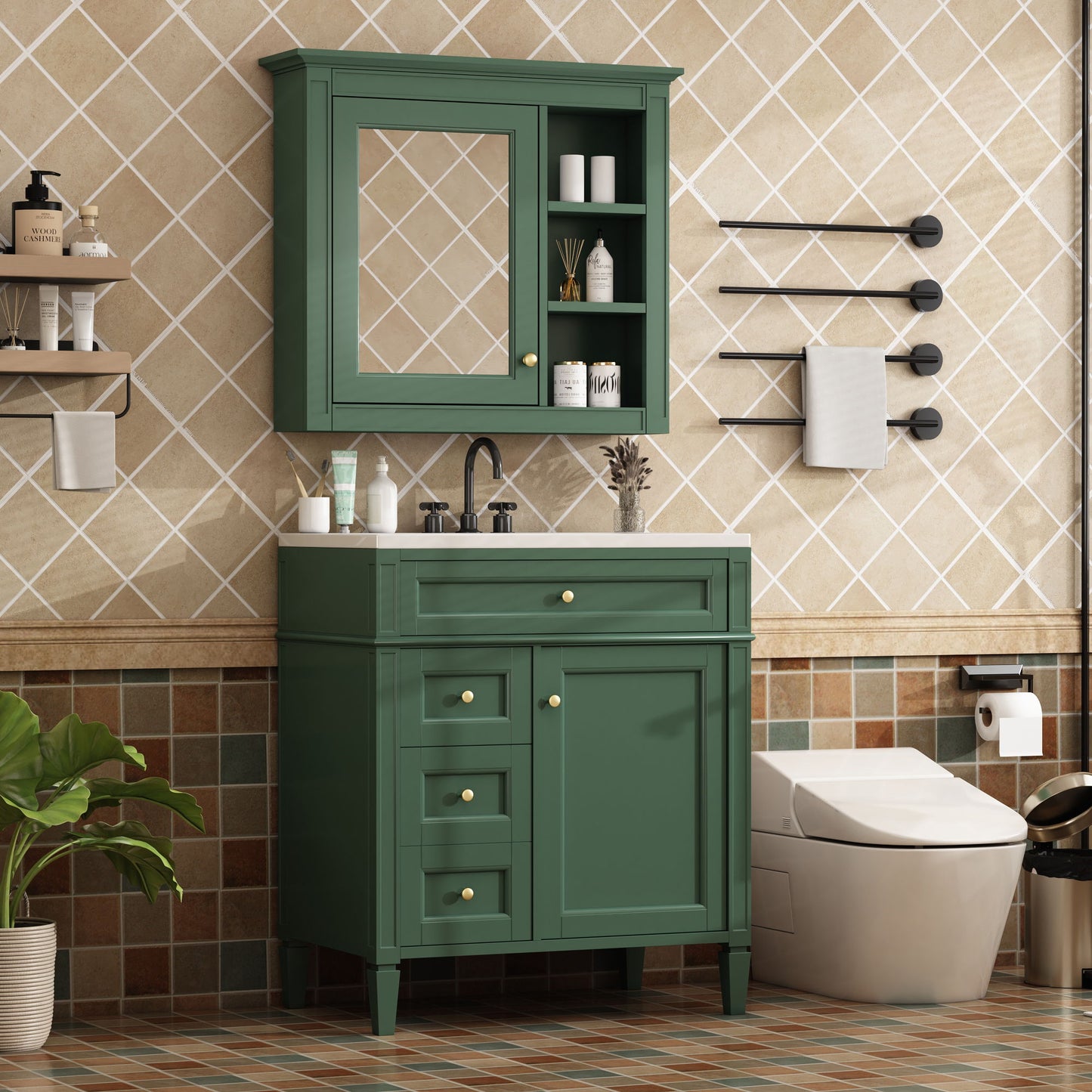 Bathroom Vanity With Medicine Cabinet, Royal Blue Mirror Cabinet, Modern Bathroom Storage Cabinet With 2 Soft Closing Doors And 4 Drawers