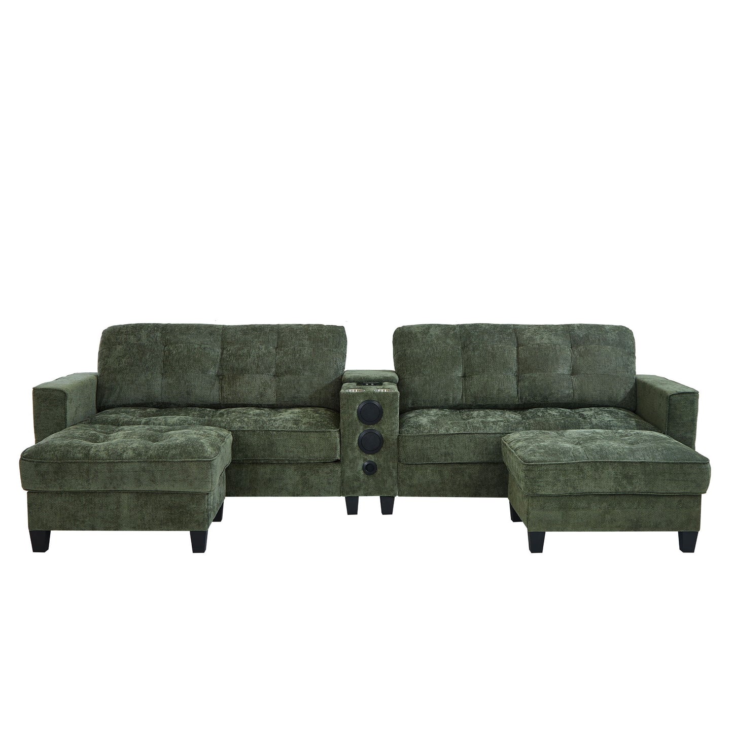 Modern Sectional Sofa U-Shaped With Movable Ottomans, Bluetooth Speakers, LED Lights And Modular Storage