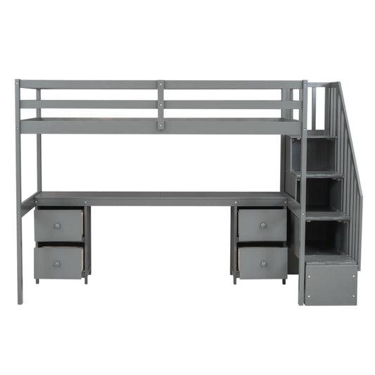 Loft Bed Frame With Built In Desk And Double Storage Drawers