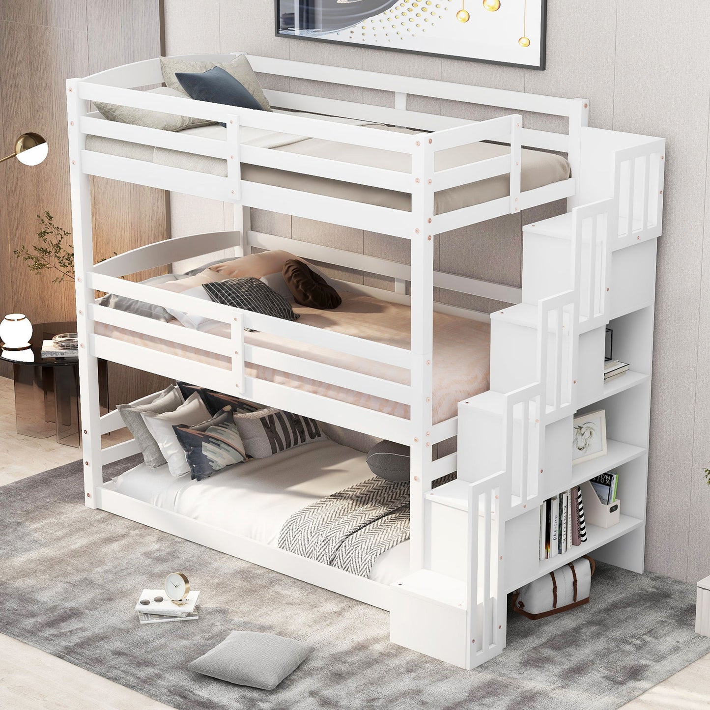 Twin Size Triple Bunk Bed With Storage Staircase, Separate Design - White