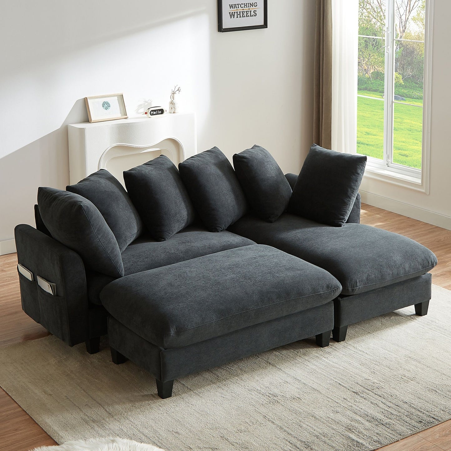 Upholstered L Shaped Sectional Sofa With Storage, Movable Ottoman, And 6 Throw Pillows