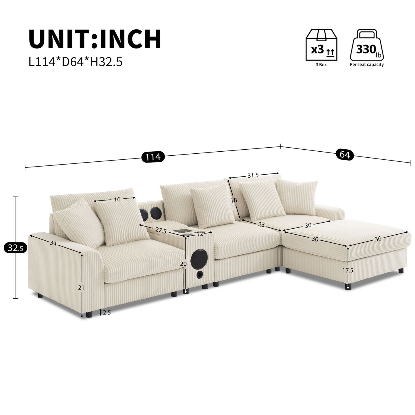 Sectional With Bluetooth Speakers L Shaped Couch With Console USB Charger, Cup Holders Storage Ottoman Deep And Wide Seat Cloud Sofa