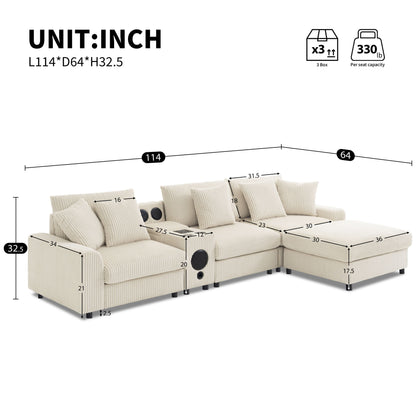 Sectional With Bluetooth Speakers L Shaped Couch With Console USB Charger, Cup Holders Storage Ottoman Deep And Wide Seat Cloud Sofa
