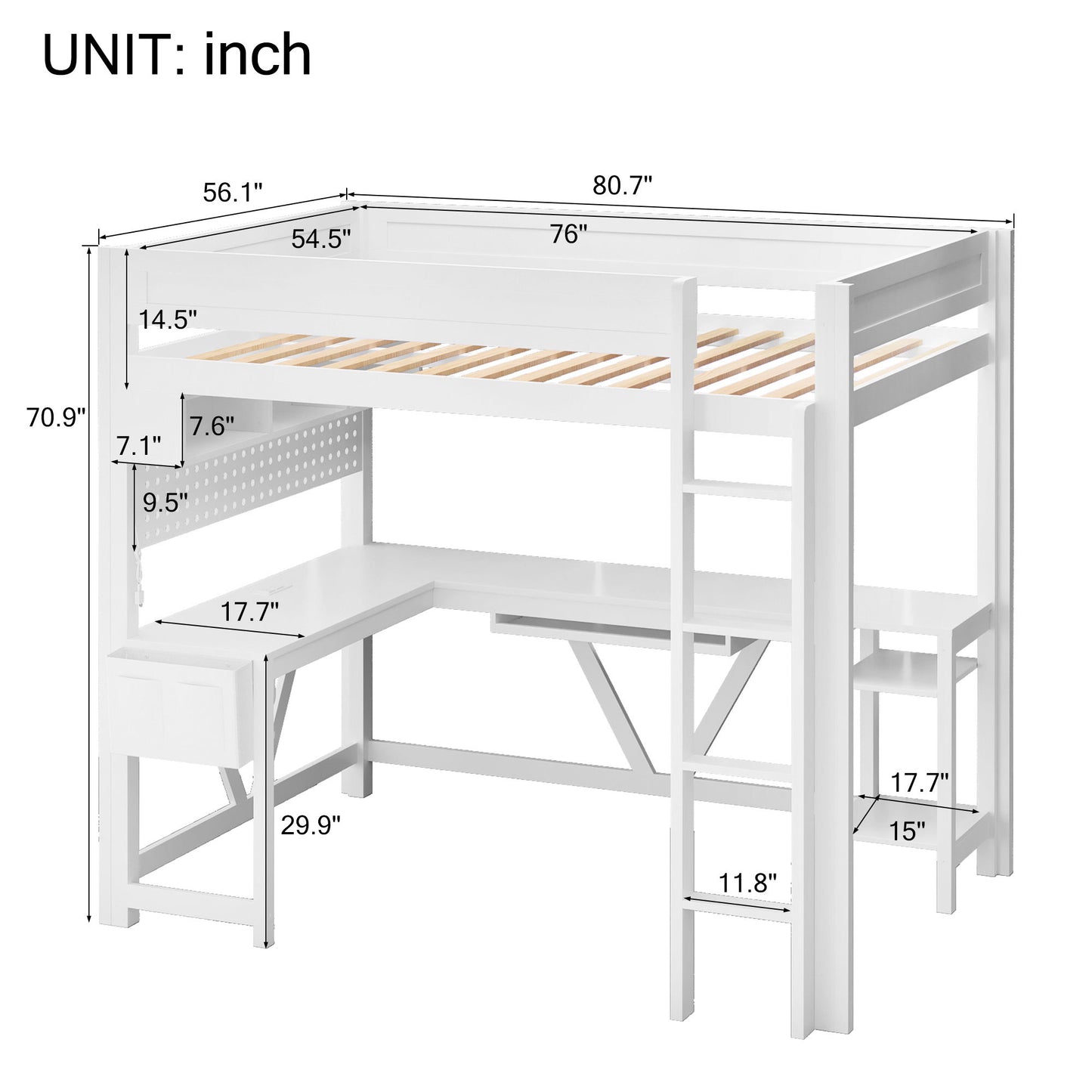 Gaming Loft Bed With Desk, Storage Shelves, LED And Charging Station