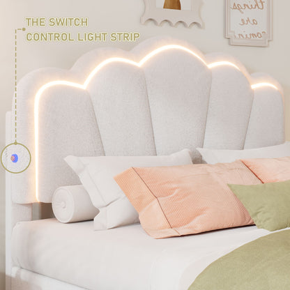 Upholstered Elegant Flowers Headboard With LED Light Strip, Platform Bed With Slats Support