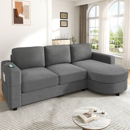 Modern L-Shaped Sectional Sofa With Curved Chaise, USB Ports, And Side Storage Pockets