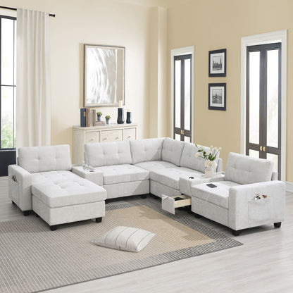 Sectional With Acrylic Table Top U Shaped Couch Set With 2 Consoles USB Charger, Storage Drawers And Pockets Movable Ottoman Tufted Sofa