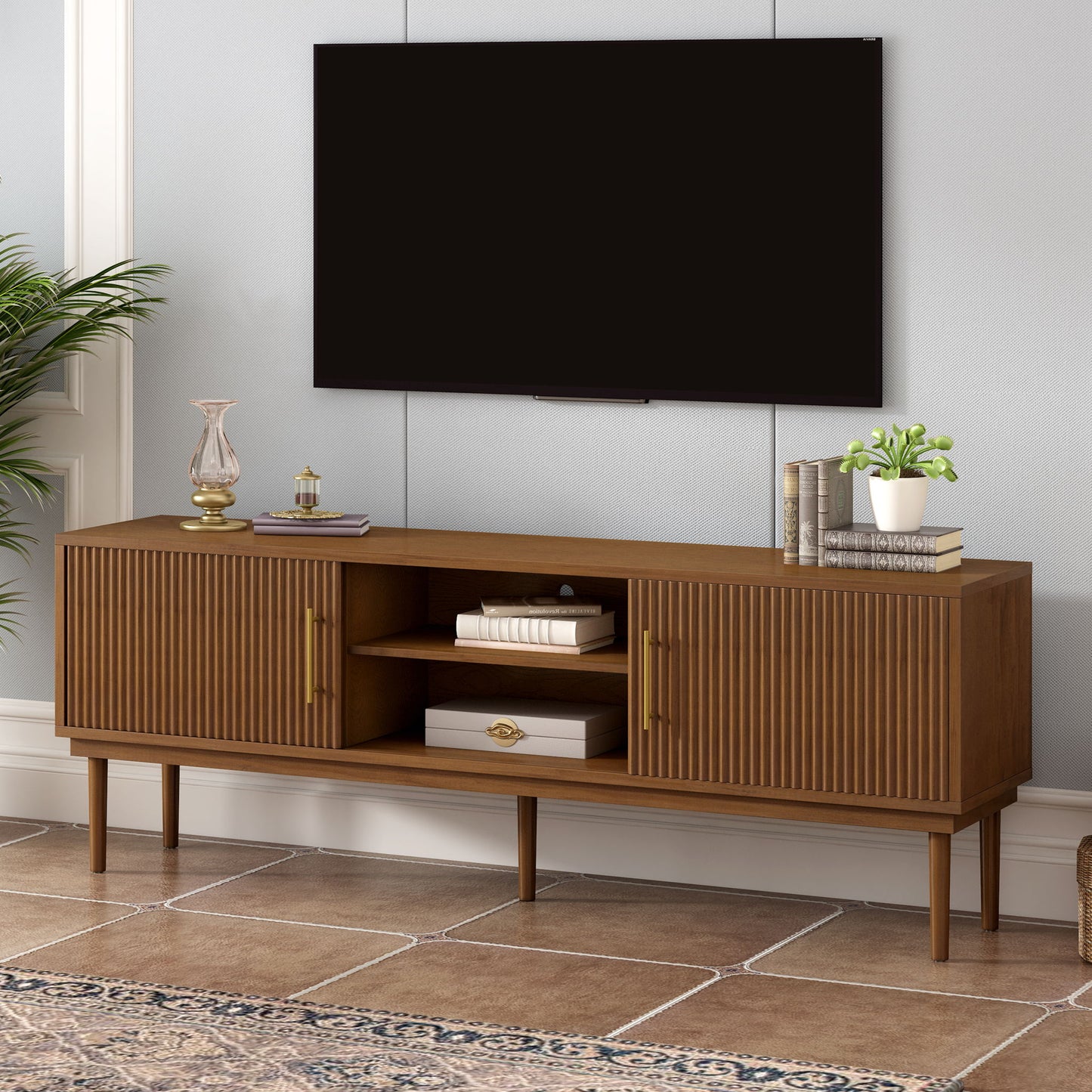 TV Stand With Vertical Slatted Doors And Sliding Panels, Solid Wood Legs - Brown