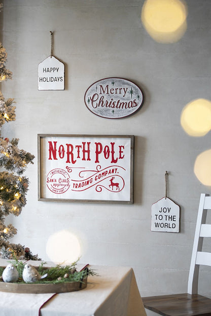 Iron / Wood North Pole Trading Company Wall Sign, For Christmas Holiday Table Wall Decor - White / Red