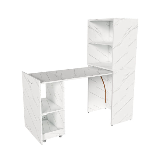 Stretchable Office Desk With Storage Shelves And Mobile Wheels, Foldable Design For Small Apartments - White Marble