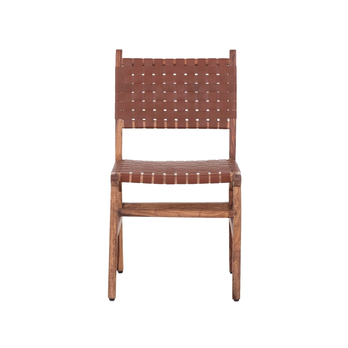Rustic Wooden Dining Chair (Set of 2) With Genuine Leather Woven Upholstery - Brown