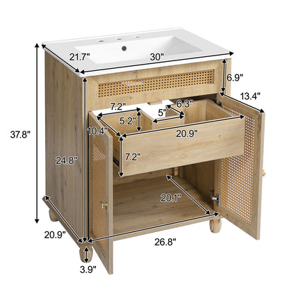 Bathroom Vanity With Handwoven Rattan Doors, Resin Basin - Natural Wood