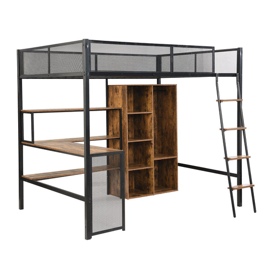 Full Size Loft Bed With Built In Desk, Wardrobe, And Shelves - Black