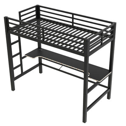 Gaming Metal Loft Bed Frame With LED Light, USB Charge Station And Desk