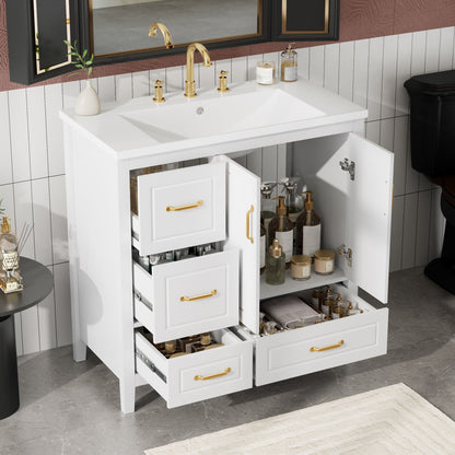Bathroom Vanity With Sink, Soft Closing Doors & Drawers, Metal Handles