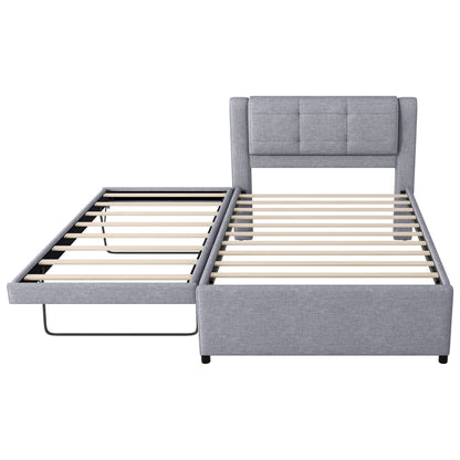 Upholstery Platform Bed With Trundle,Trundle Can Be Flat Or Erected