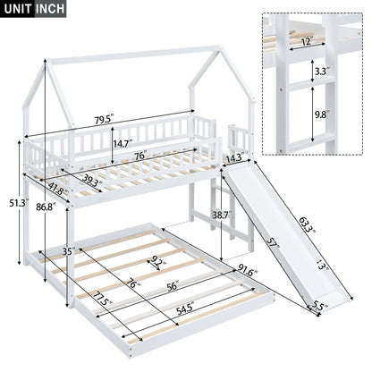 Hearth & Haven - Twin Over Full House Bunk Bed With Slide, Built In Ladder And Full Length Guardrail - White