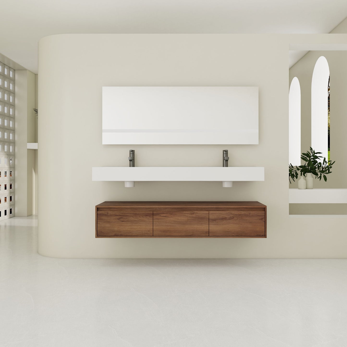 Contemporary Wall Mounted Bathroom Vanity With Dual Resin Sink And Soft Close Drawer