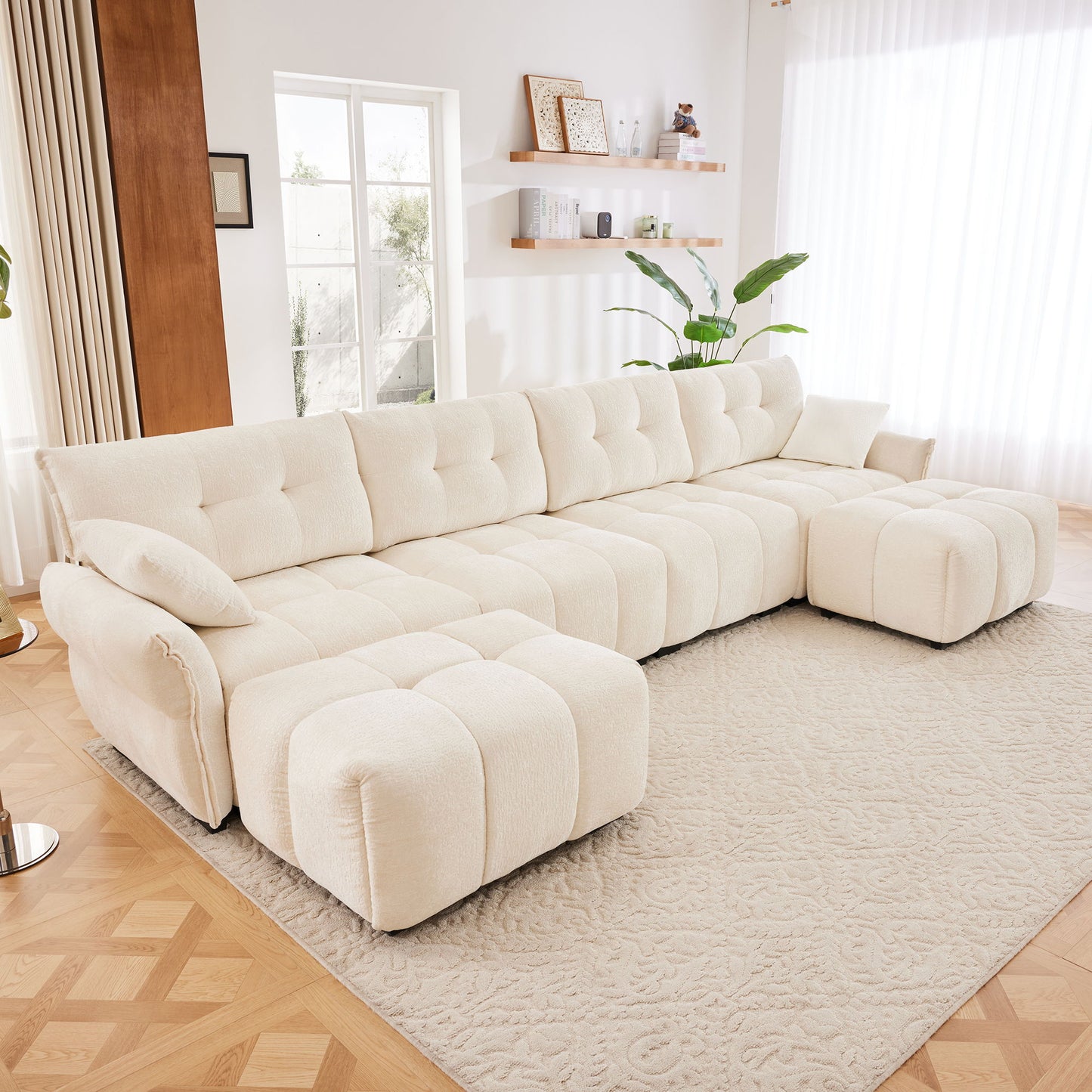 Sofa Set With Ottoman And Pillows, Textured, High Resilience Cushions