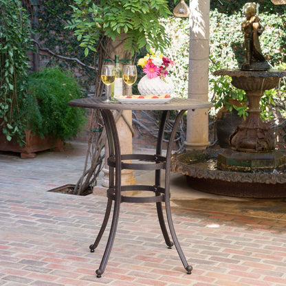Traditional Style Cast Aluminum Bar Table With Lattice Design And Umbrella Holder - Bronze