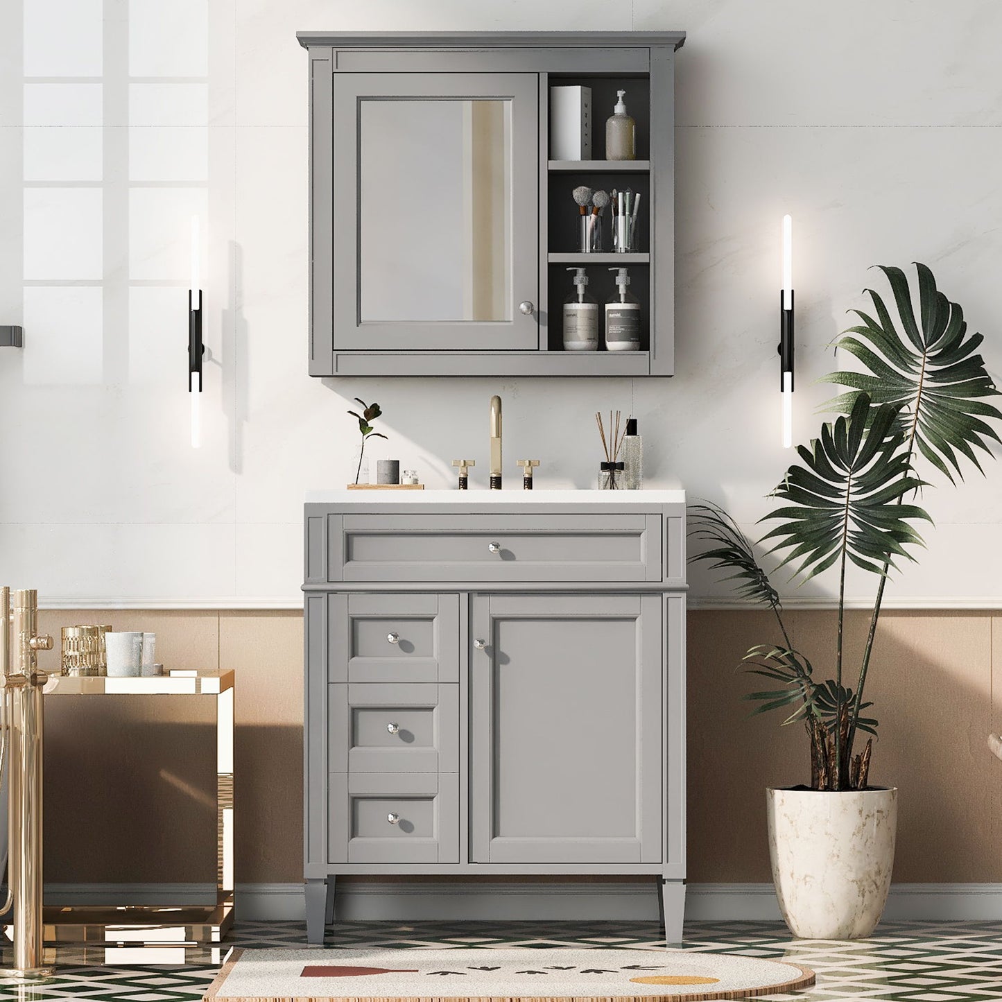 Bathroom Vanity With Medicine Cabinet, Royal Blue Mirror Cabinet, Modern Bathroom Storage Cabinet With 2 Soft Closing Doors And 4 Drawers