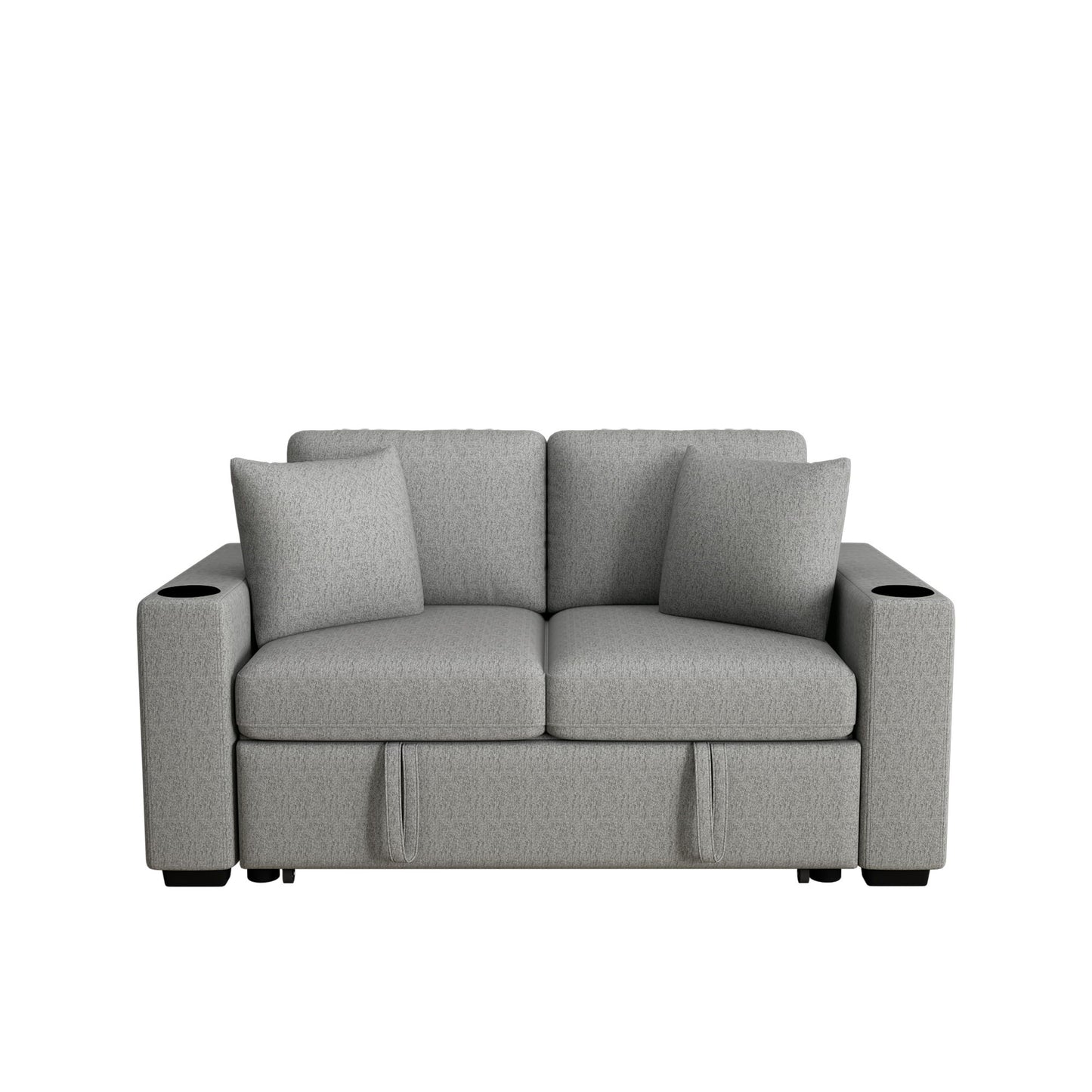 Modern 2 Seater Loveseat Sofa With Pull-Out Bed, Chenille Fabric, Built-In USB Ports & Cup Holders