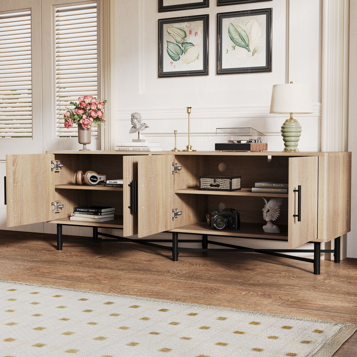 4 Door TV Cabinet, 2 Storage Spaces, Adjustable Shelves