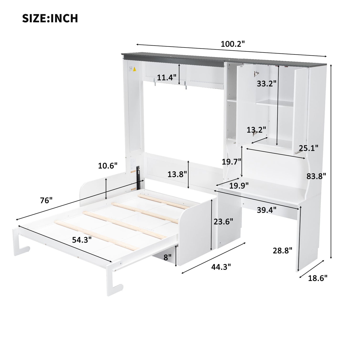 Multi Functional Murphy Bed With Sofa, Desk, And Storage Cabinet In, Full Size - White