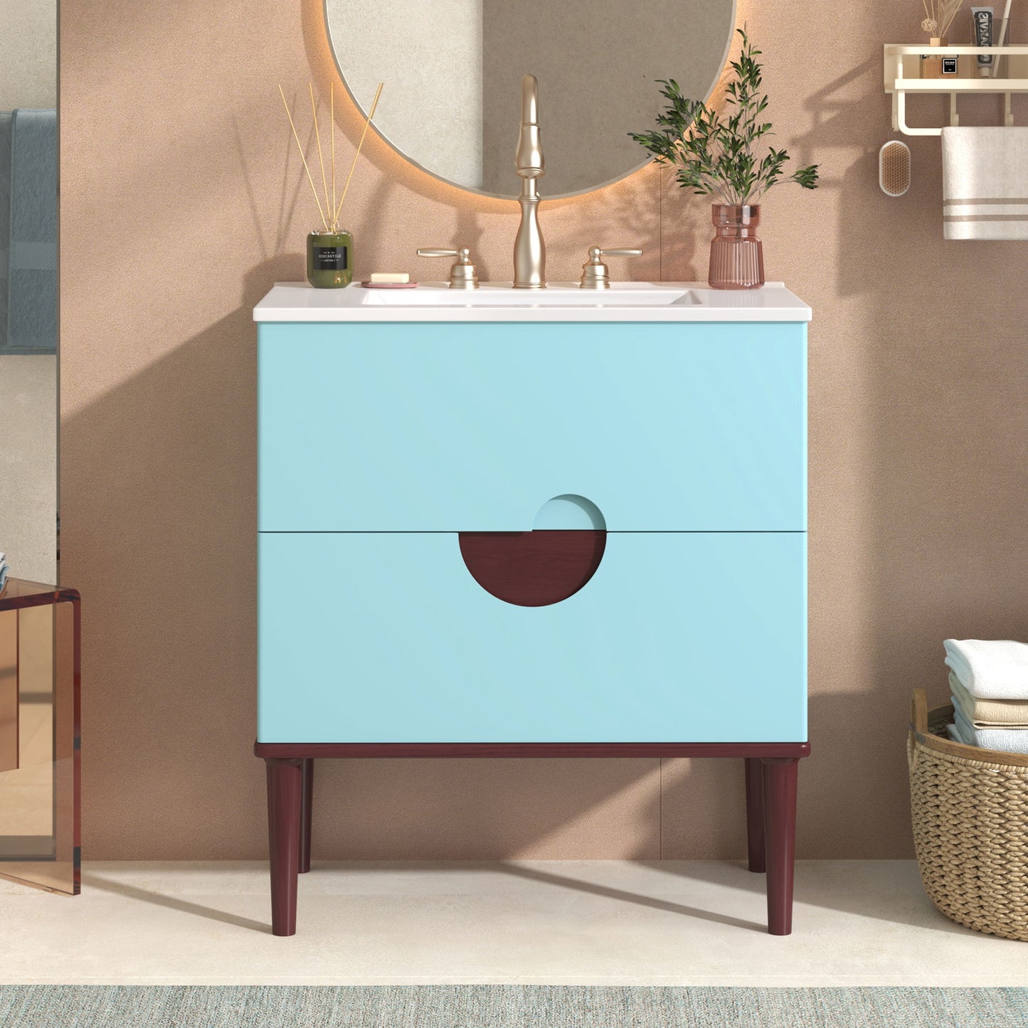 Bathroom Vanity Cabinet With Ceramic Sink Combo Set, Frame Modern Bathroom Storage Cabinet With 2 Drawers - Blue