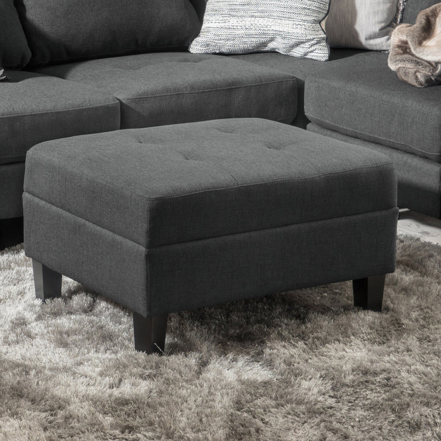 Ottoman With Birch Wood Legs And Cushioned Top For Comfort