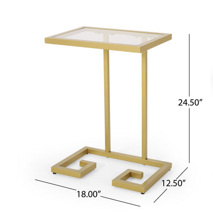 Modern Glam C Shaped End Table With Tempered Glass Top - Gold