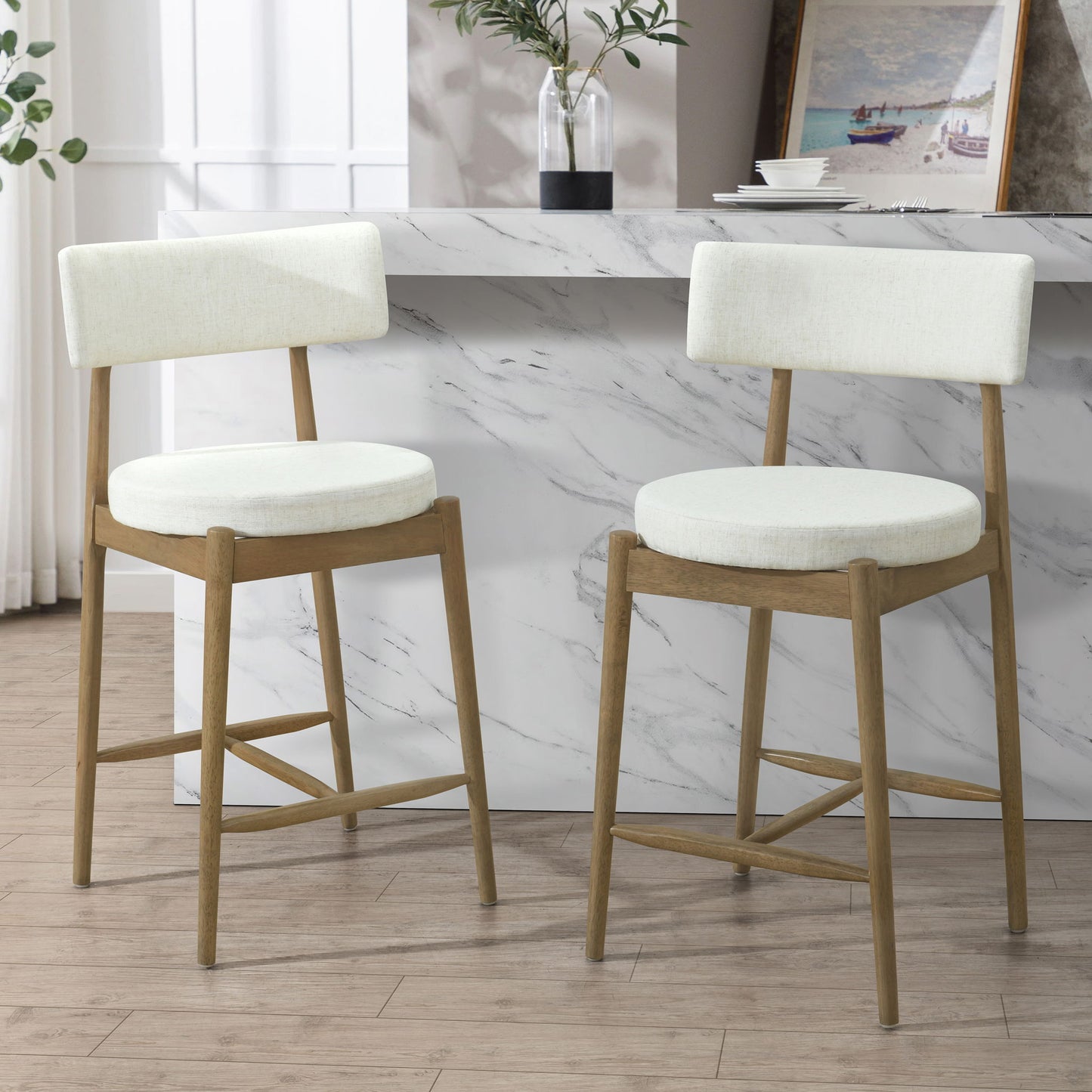 Mid Century Modern Counter Stools, Fabric Upholstered Chairs