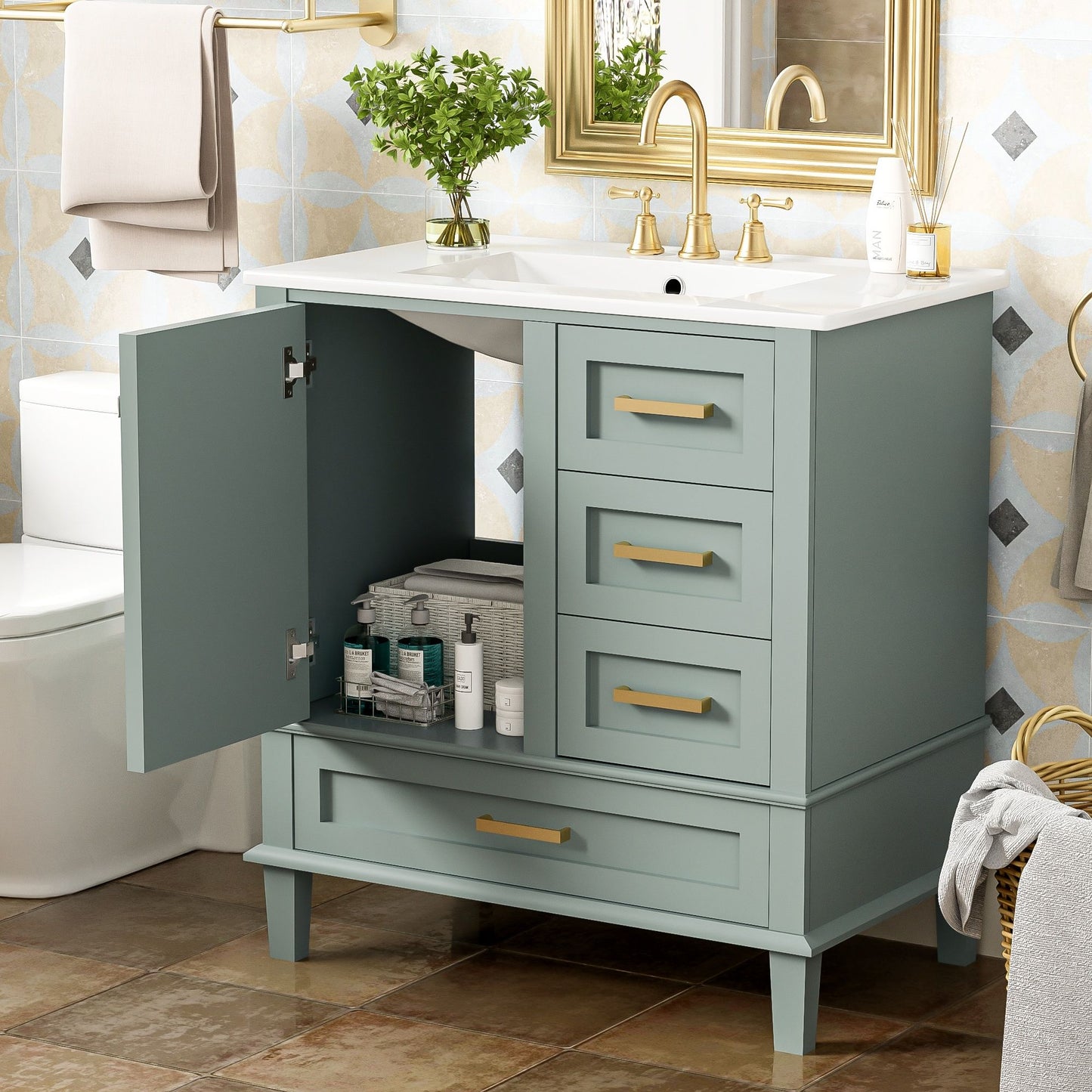 Bathroom Vanity, Modern Bathroom Cabinet With Sink Combo Set, Bathroom Storage Cabinet With A Soft Closing Door And 3 Drawers, Solid Wood Frame