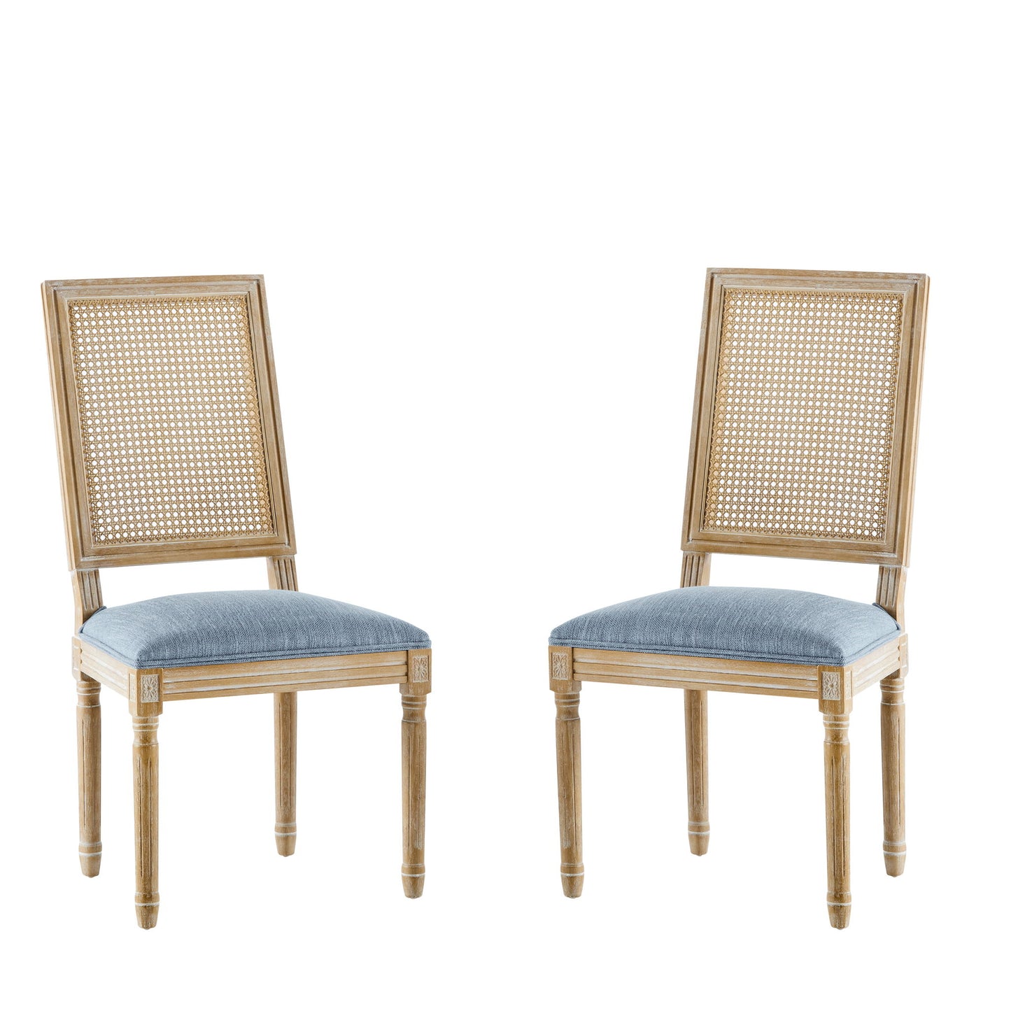French Country Dining Chair With Rectangular Cane Backrest And Smooth Upholstered Seating