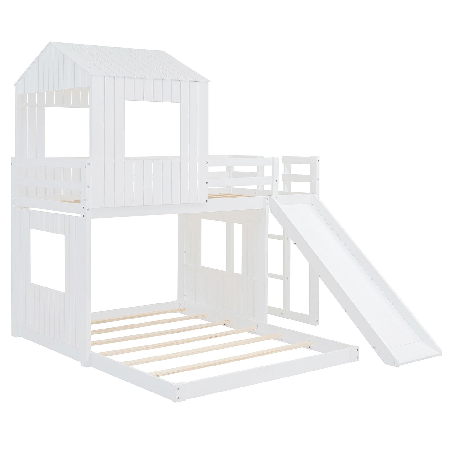 Loft Bunk Bed With Playhouse, Farmhouse, Ladder, Slide And Guardrails