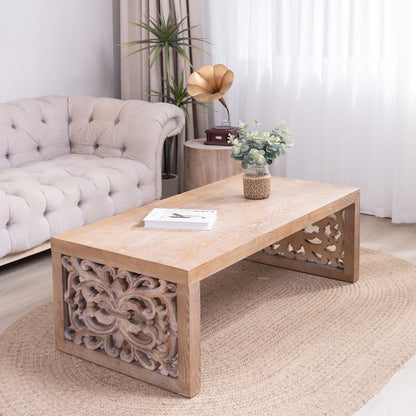 Rustic Carved Wood Coffee Table, Handcrafted Look With Ornate Side Panels