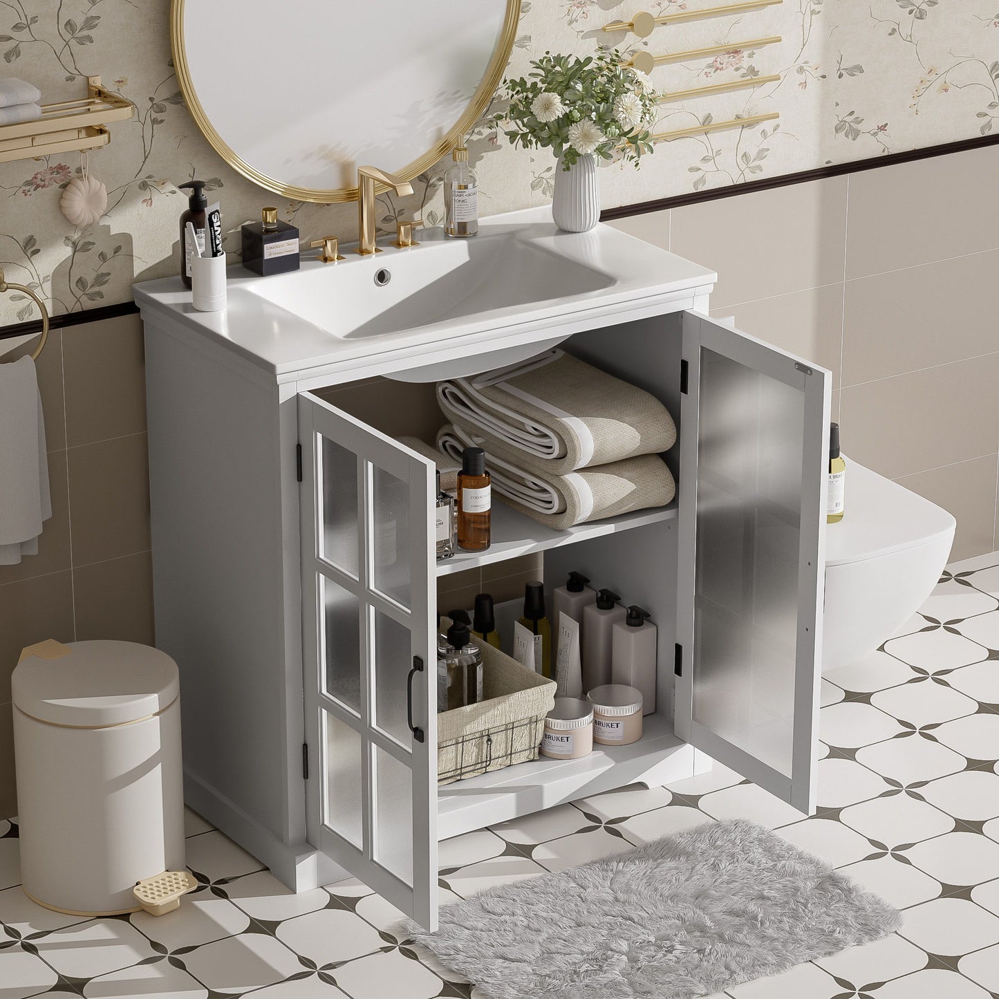Modern Bathroom Vanity With Ceramic Sink, Tempered Blurred Glass Doors