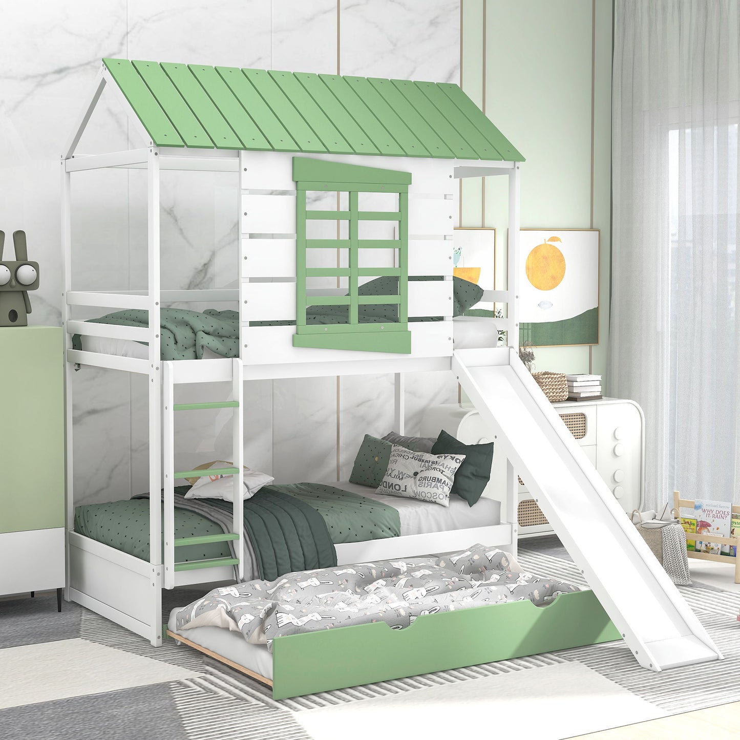 Twin Over Twin House Bunk Bed With Convertible Slide And Trundle - White