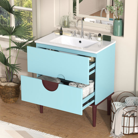 Bathroom Vanity Cabinet With Ceramic Sink Combo Set, Frame Modern Bathroom Storage Cabinet With 2 Drawers - Blue